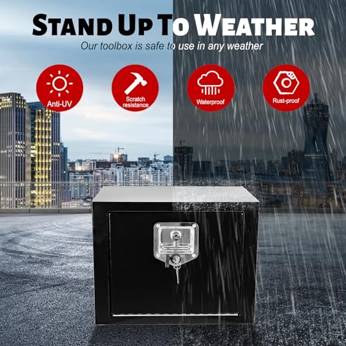 Heavy Duty Steel Plated Underbody Truck Tool Box with T-Handle Lock, Waterproof Tongue Box for Storage with Smooth Surface for Truck, Pickup, RV, Trailer - Black, 18" x 18" x 18" Inch - size: 18" x 18" x 18"