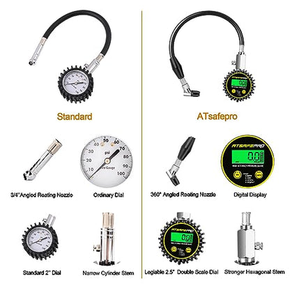 Digital Tire Pressure Gauge,ATsafepro Tire Pressure Gauge with Flexible Hose and Angled Chuck, Tire Pressure Gauge for Cars,Air Pressure Gauge - Professional Accuracy - 200 PSI