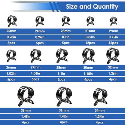 smseace 75Pcs Spring Band Hose Clamp 19 21 23 24 25 26 27 28 30 32 34 36 38mm Constant Tension Hose Clamp With Plier used for Fuel Line，Vacuum Hose，Air Hose Spring Hose Clamp Kit - size: 19-38mm 75pcs