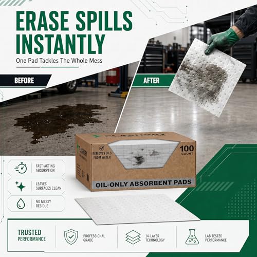 FlashDry Oil Absorbent Pads, High Absorbency 17.5” x 13.5”, 100 Count | Oil absorbing sheets, Water-Repellent, Tear-Resistant, Premium Mats, Ideal for Garage, Driveway, Automotive, Marine Use - size: 100 Pads - 2mm