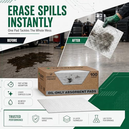 FlashDry Oil Absorbent Pads, High Absorbency 17.5” x 13.5”, 100 Count | Oil absorbing sheets, Water-Repellent, Tear-Resistant, Premium Mats, Ideal for Garage, Driveway, Automotive, Marine Use - size: 100 Pads - 2mm