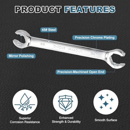 HARFINGTON 2 Pcs Flare Nut Wrench 22mm x 24mm Metric Double Open End Thick Spanner Mirror Polish Finish 45# Steel Brake Line Wrench For Fuel Tube Hose Transmission Line, Silver - size: 22mm x 24mm