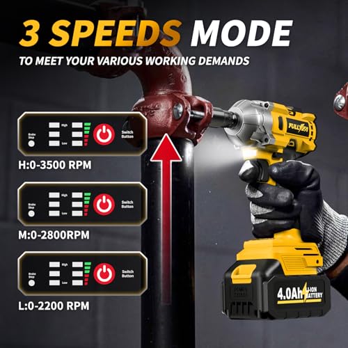 FULLYEA 1/2 inch Cordless Impact Wrench, 406Ft-lbs (550N.m) Brushless Impact Driver, 2x4000mAh Battery, 21V High Torque Power Impact Gun, Variable Speeds Electric Impact Wrench for Car/Mower/Pickup