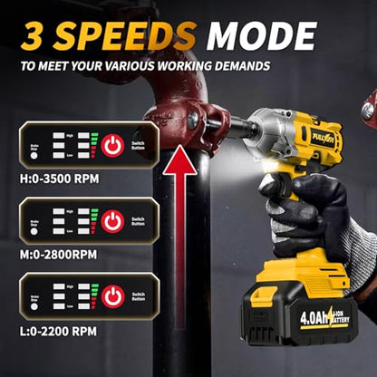 FULLYEA 1/2 inch Cordless Impact Wrench, 406Ft-lbs (550N.m) Brushless Impact Driver, 2x4000mAh Battery, 21V High Torque Power Impact Gun, Variable Speeds Electric Impact Wrench for Car/Mower/Pickup