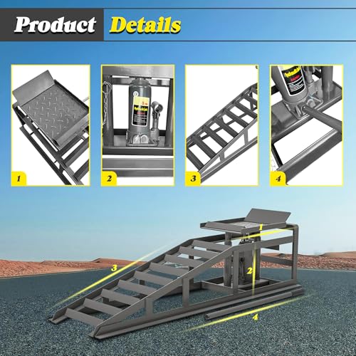 Hydraulic Car Ramps 5 T 11000 LBS, 2 Pack Heavy Duty Steel Car Ramps Lift Height 11.61 in-16.21 in, Low Profile Car Lift Service Ramps Truck Trailer Garage