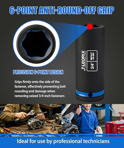 3/4in (19.05mm) Deep Impact Socket 1/2" Drive CR-MO Steel 6-Point | CR-MO steel impact socket set. 1/2" drive, 6-point design. Deep reach for lug nuts & axle nuts. - size: 3/4in (19.05mm)
