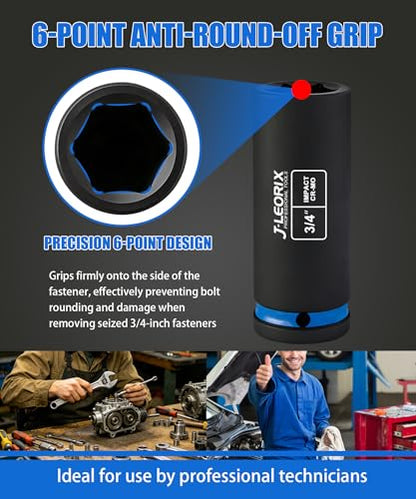 3/4in (19.05mm) Deep Impact Socket 1/2" Drive CR-MO Steel 6-Point | CR-MO steel impact socket set. 1/2" drive, 6-point design. Deep reach for lug nuts & axle nuts. - size: 3/4in (19.05mm)