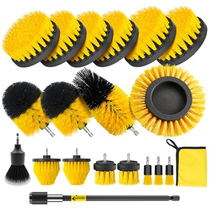 Holikme 20 Pack Drill Brush Attachments Set, Power Scrubber Brush with Extended Long Attachment, Ultra Soft Detailing Brush & Cleaning Cloth, All Purpose for Tile, Grout, Tub, Car Detailing
