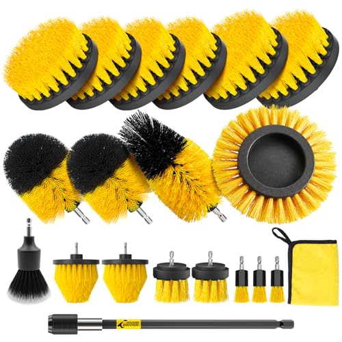 Holikme 20 Pack Drill Brush Attachments Set, Power Scrubber Brush with Extended Long Attachment, Ultra Soft Detailing Brush & Cleaning Cloth, All Purpose for Tile, Grout, Tub, Car Detailing
