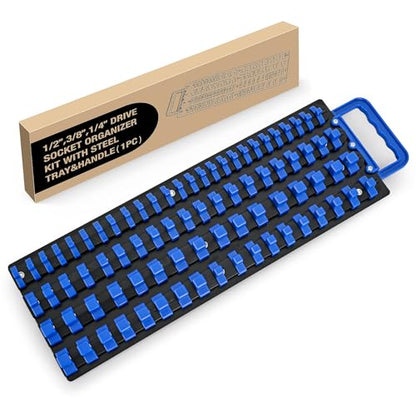 GOOACC Socket Organizer Tray 1/4 inch 3/8 inch 1/2 inch Socket Holder Portable Socket Rail Organizer Trays for Tool Box Drawer Holds 80-Piece SAE Metric Socket Sets, 1Pcs Set Black Rails Blue Clips - size: 1 Set Tray 1/4"3/8"1/2" Blue
