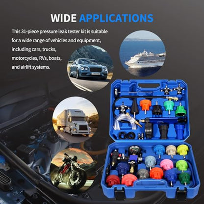 VTG VOGTEN 31PCS Coolant Pressure Tester Kit,Radiator Pressure Tester and Vacuum Refill Kit for Automotive Cooling System Water Tank Leakage Detection - color: Blue