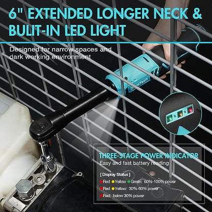 DURATECH Extended Cordless Ratchet Wrench, 3/8" 12V 44 Ft-Lbs Long Neck Electric Ratchet Wrench with 2-Pack 2.0Ah Li-Ion Battery, 1 Hour Fast Charger, 10 Sockets Accessories & Variable Speed Trigger - style: Extended Head