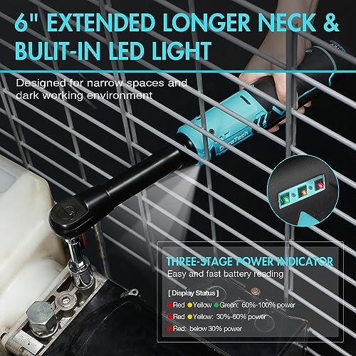 DURATECH Extended Cordless Ratchet Wrench, 3/8" 12V 44 Ft-Lbs Long Neck Electric Ratchet Wrench with 2-Pack 2.0Ah Li-Ion Battery, 1 Hour Fast Charger, 10 Sockets Accessories & Variable Speed Trigger - style: Extended Head