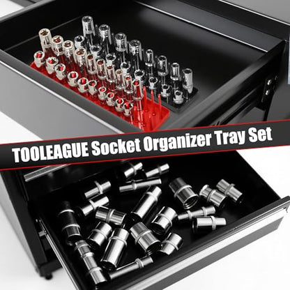 TOOLEAGUE 7Pcs Socket Organizer Tray and Magnetic Wrench Holder Set,Red SAE & Black Metric, 1/2", 1/4", 3/8" Socket Storage Trays for Tool Box Drawer - size: 7pcs