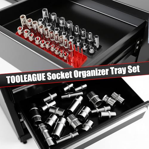 TOOLEAGUE 7Pcs Socket Organizer Tray and Magnetic Wrench Holder Set,Red SAE & Black Metric, 1/2", 1/4", 3/8" Socket Storage Trays for Tool Box Drawer - size: 7pcs