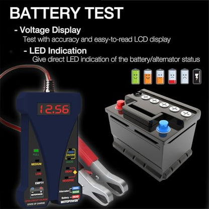 MOTOPOWER MP0514B 12V Digital Battery Tester Voltmeter and Charging System Analyzer with LCD Display and LED Indication - Blue Rubber Paint