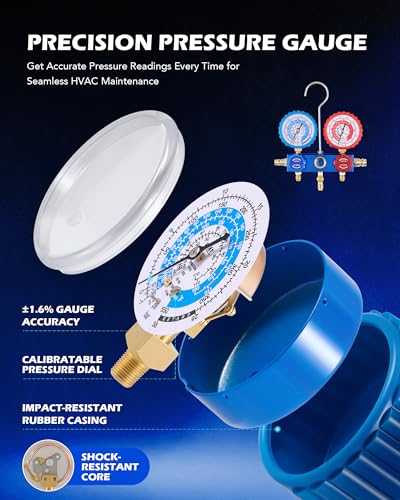 Orion Motor Tech A2L AC Vacuum Pump and Gauge Set, for R1234yf R32 R134a R410A Systems with 3.5 cfm Sparkless Ignition Proof Vacuum Pump, 3 Way AC Gauges Quick Couplers Can Taps Hoses Thermometer - size: 3.5 CFM A2L&R1234yf R32 R134a R410A