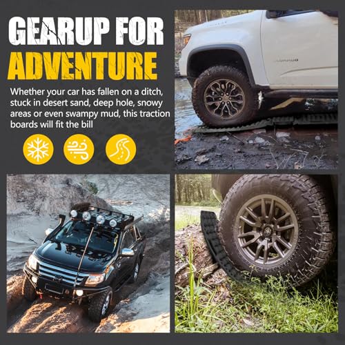BUNKER INDUST Off-Road Traction Boards with Jack Lift Base,2 Pcs Multifunctional Recovery Track Ramp Traction Mat for 4WD UTV SUV Truck-Mud, Sand, Snow Tire Traction Devices Black with Carry Bag