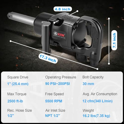 XIIW 1 Inch Air Impact Wrench, Up to 2500ft-lbs Torque, 1 Inch Impact Gun | 16.2 lbs Lightweight Pneumatic Impact Wrench 5500 RPM with with 1/2" Air Inlet for Heavy Duty Repairs and Maintenance - size: 1 Inch | 2500 ft-lbs