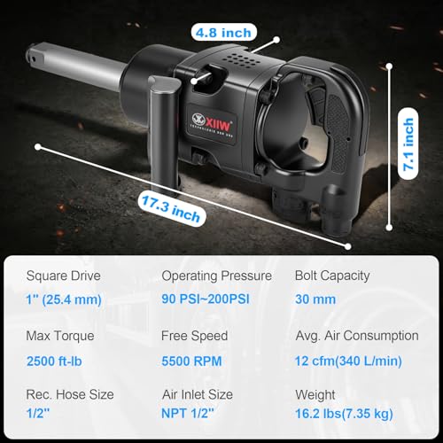 XIIW 1 Inch Air Impact Wrench, Up to 2500ft-lbs Torque, 1 Inch Impact Gun | 16.2 lbs Lightweight Pneumatic Impact Wrench 5500 RPM with with 1/2" Air Inlet for Heavy Duty Repairs and Maintenance - size: 1 Inch | 2500 ft-lbs