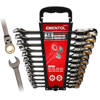 EMENTOL 12 Pieces Flex-Head Ratcheting Wrench Set with Organizer Rack, CR-V, 72-Teeth, Metric Ratchet Combination Wrenches Set, 8mm - 19mm - size: Metric 8-19mm