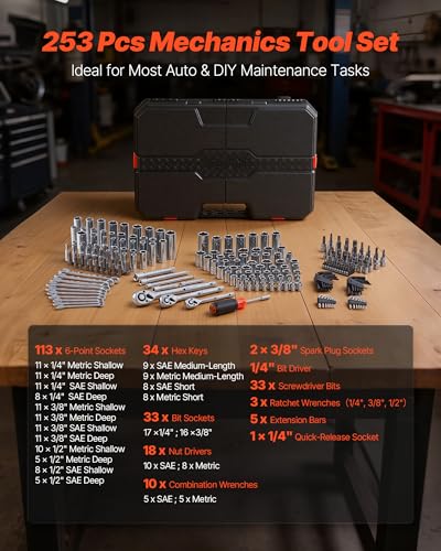 VEVOR Mechanics Tool Set, 253-Piece Mechanic Tool Kit, 1/4 in, 3/8 in, and 1/2 in Drive, SAE and Metric Socket Set, Wrenches, Screwdriver Bits, Accessories, and Storage Case, for Automotive Repair - size: 1/4"&3/8"&1/2", style: 253 PCS