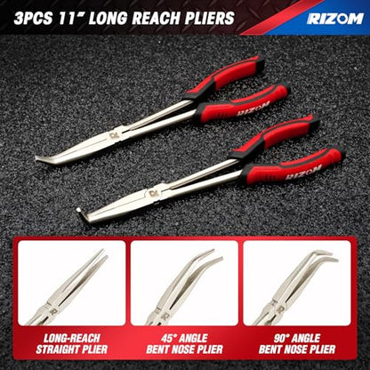 RIZOM 11 Inch Long Needle Nose Pliers, 3Pcs Needle Nose Pliers Set, 90° & 45° Bent Nose Pliers Designed for Long Reach and Narrow Spaces, Includes Storage Bag - size: 3PCS-1