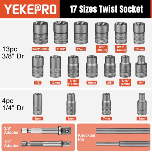 21PCS Bolt Extractor Set, 3/8" & 1/4" Drive Nut Remover | Impact Stripped Bolt Extractor, Easy Twist Socket, for Removing Stripped, Damaged, Rusted, Rounded-Off Bolts & Nuts - size: 3/8''&1/4'', 21pcs