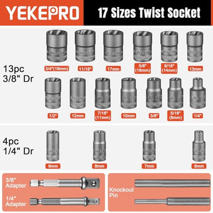 21PCS Bolt Extractor Set, 3/8" & 1/4" Drive Nut Remover | Impact Stripped Bolt Extractor, Easy Twist Socket, for Removing Stripped, Damaged, Rusted, Rounded-Off Bolts & Nuts - size: 3/8''&1/4'', 21pcs