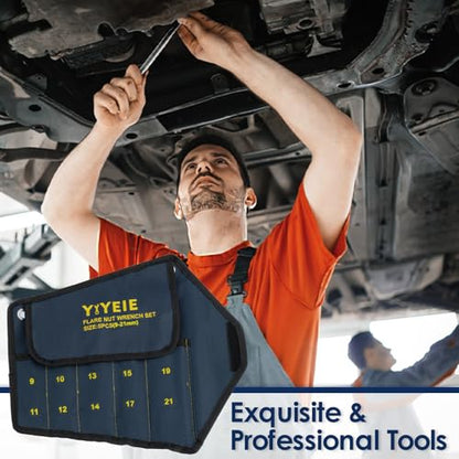 YIYEIE Flare Nut Wrench Set, Metric 5-Piece, Brake Line Wrench Set 9, 10, 11, 12, 13, 14, 15, 17, 19, 21 mm, CR-V Steel, with Roll-up Pouch - color: Metric 5pcs, size: 12-Point
