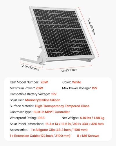 VEVOR 20W 12V Solar Battery Trickle Charger Maintainer, Mono Solar Panel Battery Charger with Built-in MPPT Controller & Adjustable Mount Bracket, IP65 Waterproof for Car Boat RV Trailer House Roof