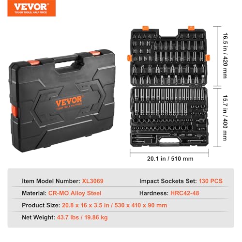 VEVOR Impact Socket Set 130 Piece 3/8" & 1/2" - SAE & Metric Drive Socket Set - 6 Point Cr-Mo Alloy Steel for Auto Repair - Easy-to-Read Size Markings - Includes Storage Case - style: 1/2" & 3/8" 130PCS CR-MO