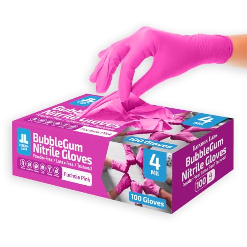 London Labs 4 Mil – Fuchsia Pink Nitrile Gloves – Disposable Latex Free & Powder Free– Chemical Resistant, Pink Rubber Gloves - size: X-Small, style: Bubblegum - 100 Count