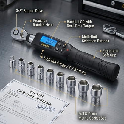 Durofix RM601-3S 3/8” (3.7 to 37 ft-lbs.) Digital Torque Wrench Kit with Sockets, Buzzer & LED Flash Notification – ISO 6789 Standards with Certificate of Calibration
