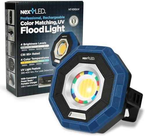 NextLED NT-1010UV Rechargeable Car Detailing Light/LED Work Light, CRI 95, 4 Color Temps, UV Light, 2000 Lumen, IP-65, Magnetic LED Mechanics Work Light, Paint Color Match Light, Gift for Mechanic