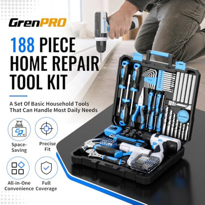 GRENPRO 188PC Blue Cordless Drill Tool Set for Wo&Men Tool Kit for Home Box | All-In-One Basic Household Tool Box, Glue Gun Accessories DIY, CR-V Steel, Sturdy Storage Case Auto Repair Kit For Men - style: Blue Power Drill Set 188PC