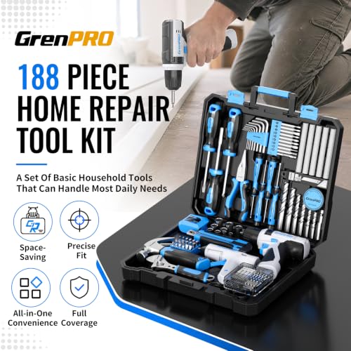 GRENPRO 188PC Blue Cordless Drill Tool Set for Wo&Men Tool Kit for Home Box | All-In-One Basic Household Tool Box, Glue Gun Accessories DIY, CR-V Steel, Sturdy Storage Case Auto Repair Kit For Men - style: Blue Power Drill Set 188PC