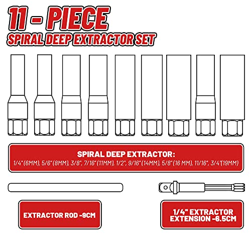 11-Pcs Spiral Deep Bolt Extractor Set, Stripped Bolt Remover Lug Nut Extractor Set, Stripped Lug Nut Remover for Broken Damaged Rounded-Off Bolts, Nuts, Bolts, Studs, Fittings, Threaded Tubes - size: 11Pcs