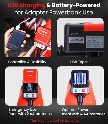 3.2GPM Battery Powered USB Charging Fuel Transfer Pump with Hand Shut Off Nozzle, 51" Long Hose, 4 Adapters, Portable Gas Pump Ideal For Gasoline, Diesel, Kerosene Transfer - color: 3.2 GPM With Hand Nozzle