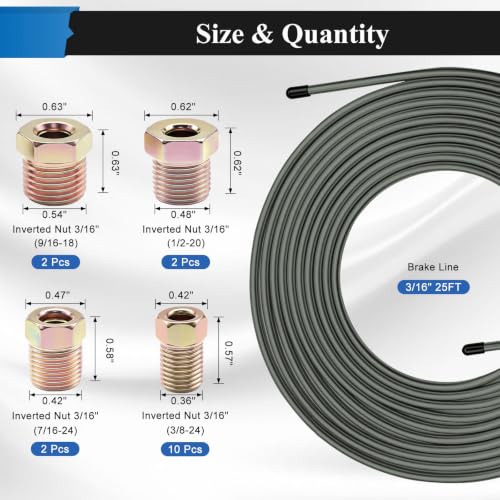 25FT 3/16 Inch Brake Line Tubing Kit with 16 Pcs Brake Lines Fittings, Upgraded Corrosion-Resistant Green Passivated Zinc Brake Lines Kit for Hydraulic Fuel Transmission Line - size: 3/16 Inch Black, style: Brake Line