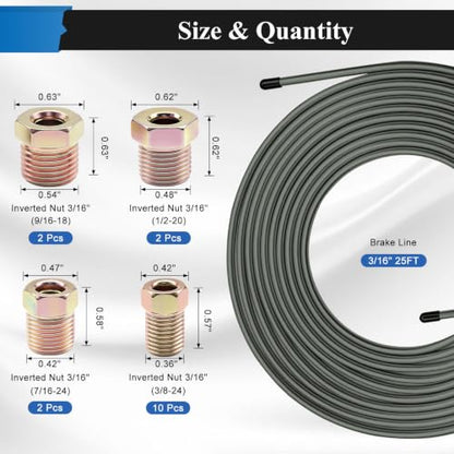 25FT 3/16 Inch Brake Line Tubing Kit with 16 Pcs Brake Lines Fittings, Upgraded Corrosion-Resistant Green Passivated Zinc Brake Lines Kit for Hydraulic Fuel Transmission Line - size: 3/16 Inch Black, style: Brake Line