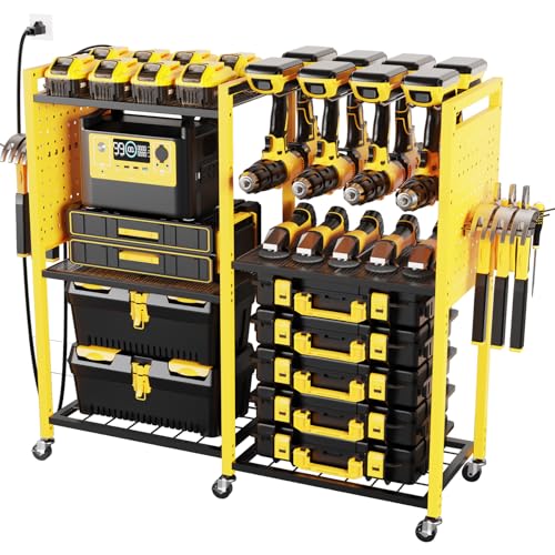 Heavy-Duty Power Tools Organizer Cart with Charging Power Strip, 6-Tier Rolling Utility Cart with 8 Hooks and 6 Load-Bearing Wheels, Garage Tool Storage Rack for Workshop for Men - color: Yellow