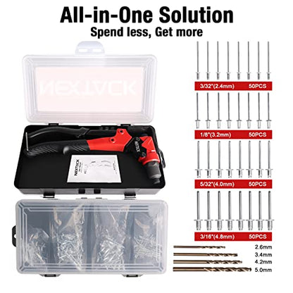 NEXTACK Heavy Duty Pop Rivet Gun Kit (NT200) – 360° Swivel Head for Tight Spaces, 4 HSS Drill Bits + 200 Assorted Rivets + 4 Nosepieces | Rugged Organized Case - size: Swivel Head Rivet Gun w/ 200 rivets