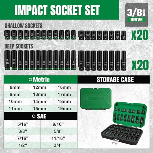 SK 3/8" Drive Impact Socket Set, 40-Piece Metric & SAE Sockets, CR-MO Steel | Metric 8 to 19mm, SAE 5/16" to 3/4", SureGrip 6 Point Design, With Storage Case - size: 3/8"-40PCS