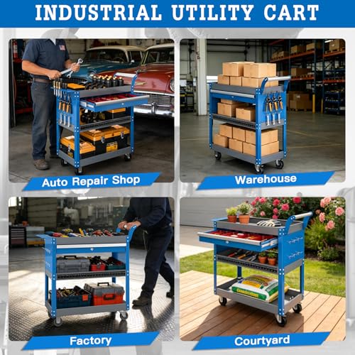3 Tier Rolling Tool Cart on Wheels,Mechanic Tool Cart with Lockable Drawers,440 LBS Load Capacity Tool Storage Cart with Pegboard and Hook,Industrial Utility Cart,for Garage, Workshop and Warehouse