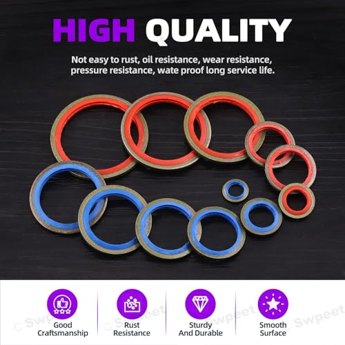 Swpeet 245Pcs 12Sizes 2Colors Self-Centred Dowty Seal Gasket O Ring Kit, Bonded Seal Washer NBR Metric Metal Oil Drain Plug Gasket Kit for Automotive M6 M8 M10 M12 M14 M16 M18 M20 M22 M24 M27 M30