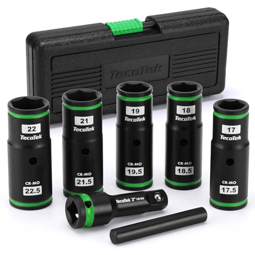 TecoTek 7PCS Lug Nut Socket Set, 1/2” Impact Thin Wall Flip Socket, Half Size Wheel Socket Set, Metric, 6 Point, 3" Extension Bar & Knockout Bar, 17.5mm, 18.5mm, 19.5mm, 21.5mm, and 22.5mm - size: Half Size Metric