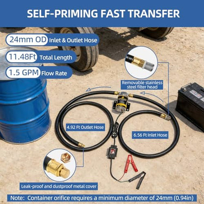 Electric Oil Extractor Pump 12V, 5.8L/Min High Flow Oil Change Pump with 5/8" ID Rubber Hose, Marine Engine Fluid Transfer Pump for Engine Oil, Gear Oil, Motor Oil, Transmission Fluid - color: C-Black Hose
