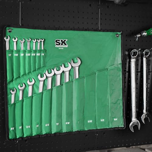 SK Combination Wrench Set, SAE 1/4" to 1-1/4", 18-Piece, Premium CR-V Steel | SuperKrome Finish, Drop Forged, 12-Point Wrenches, 15-Degree Offset, with Rolling Pouch - size: SAE 1/4" to 1-1/4"
