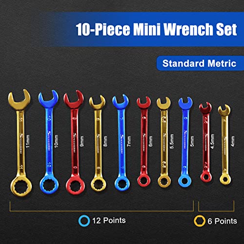 SPEEDWOX 10 Pcs Color Plated Open and Box End Mini Wrenches Color Coated Midget Wrench Set Mini Combination Wrench Set Metric with Portable Pouch and Large Ring（4-11mm） - style: Metric